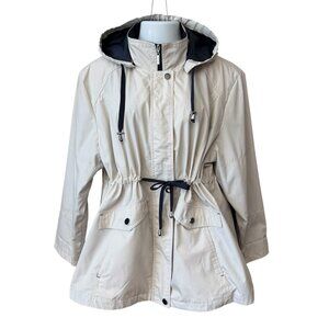 Vintage Macintosh Womens 2X Coat Tan Blue Detachable Hood Lined Nautical Spring